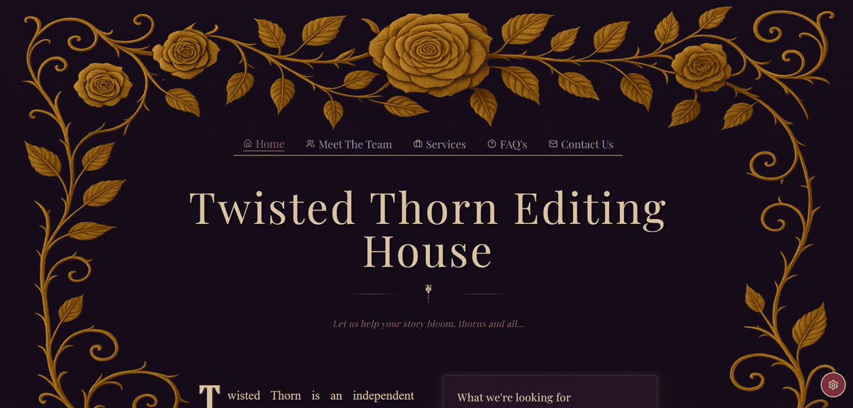 Homepage of the Twisted Thorn editing house website