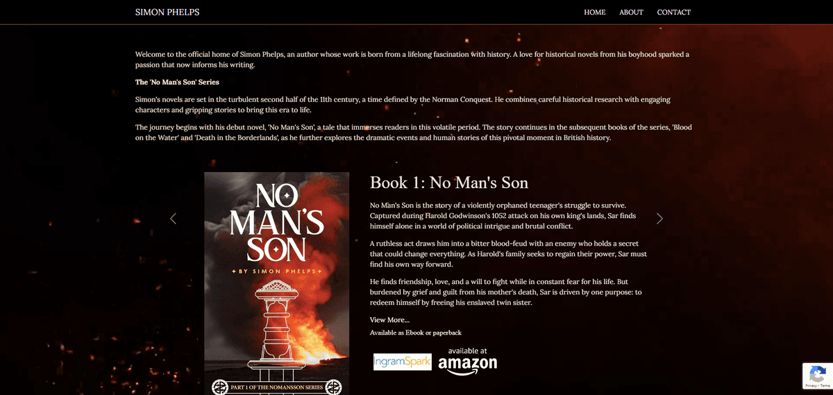 Homepage of the No Man's Son author website, built with Strapi and Next.js
